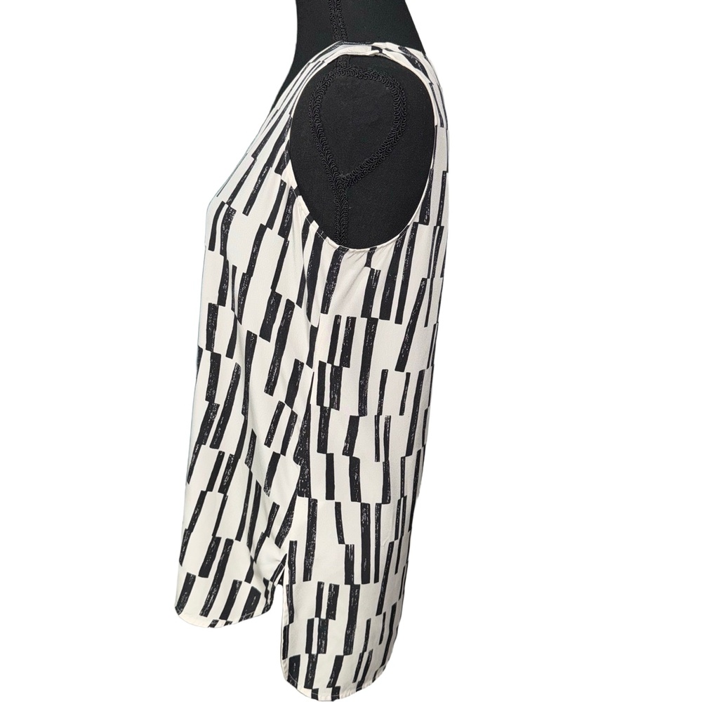 VINCE WOMENS VNECK BLOCK PRINT SLEEVELESS SILK BLOUSE IN BLACK|WHITE-SIZE MEDIUM - Picture 6 of 10